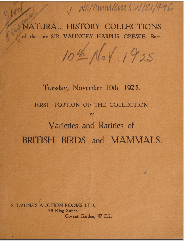 the front cover of the auction catalogue0 1925 of the birds and mammals of Harpur Crewe sold 1925