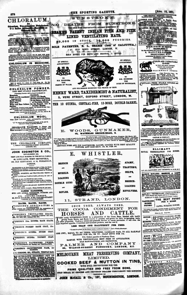 1871 advert in the Sporting Gazette. Again we see James Gardner Junior advertising his 3 addresses.