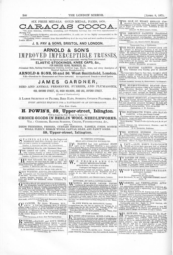 1871 advert in the London Mirror. James Gardner junior has 3 addresses