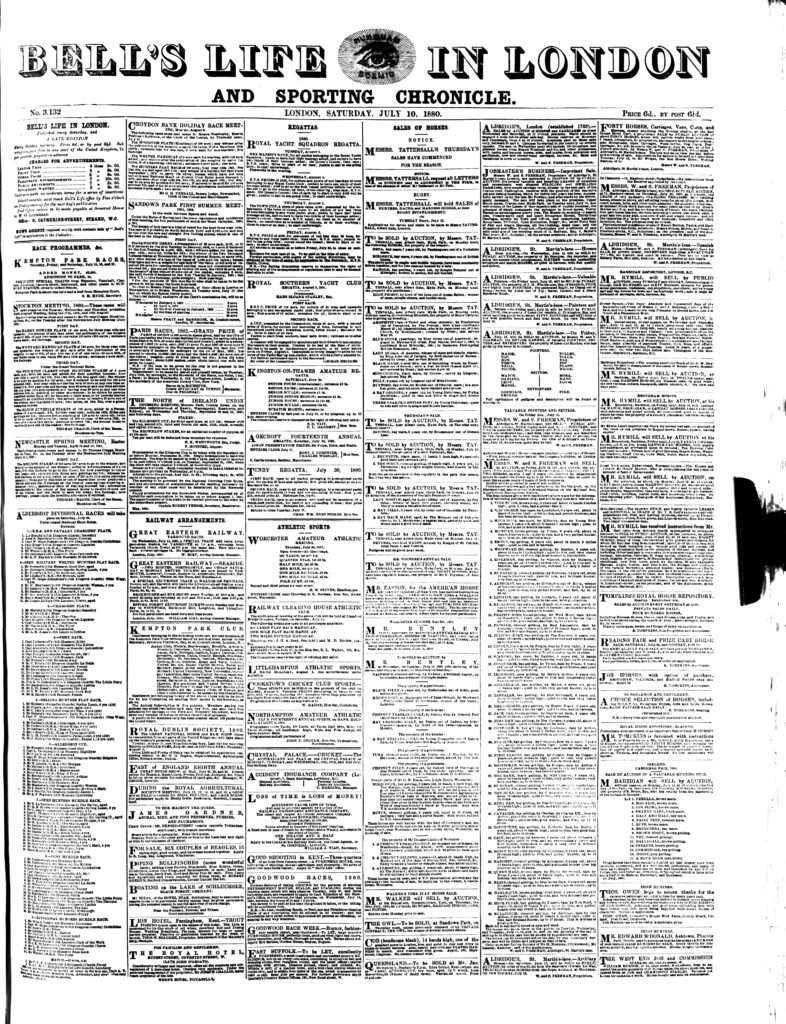 1880 advert in Bells Life in London. Advert placed by James Gardner Junior shows details of the family feud