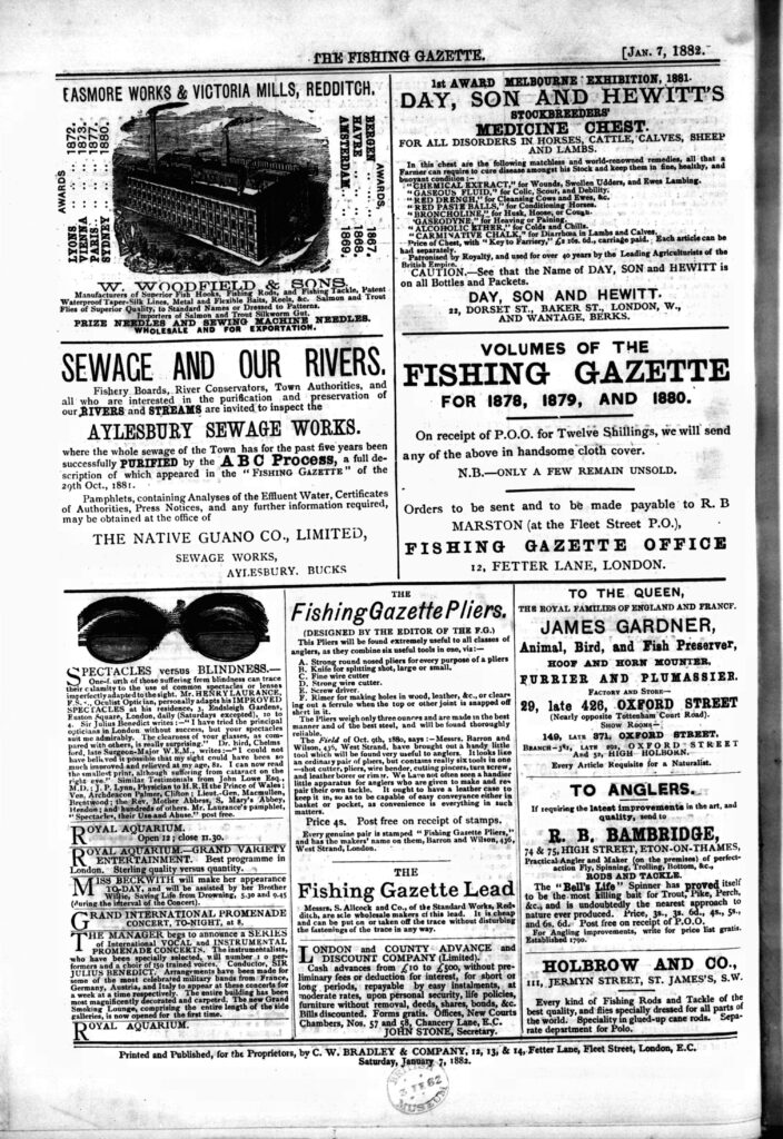 1882. Advert for James Gardner in the Fishing Gazette states business at 29, late 426 Oxford Street.